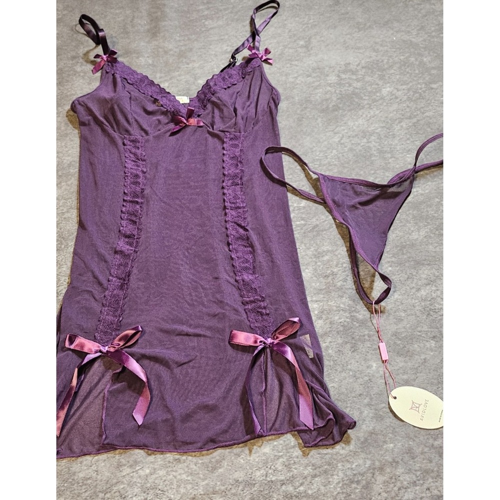 Avidlove Babydoll Lingerie Womens S Purple Lace Mesh Sexy Chemise Set 1-01403